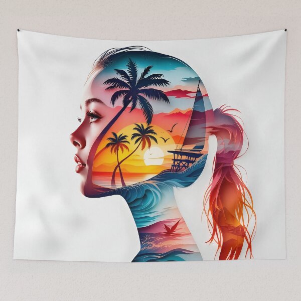 Item preview, Tropical Sunset Silhouette Woman | Vibrant Beach Double Exposure Art designed and sold by DreamyWallVibes.