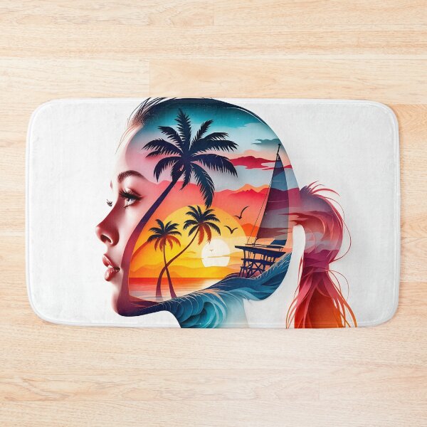 Item preview, Tropical Sunset Silhouette Woman | Vibrant Beach Double Exposure Art designed and sold by DreamyWallVibes.