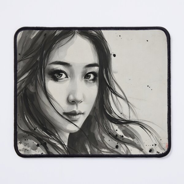 Item preview, Sumi-e Ink Wash Woman Portrait | Dramatic Asian Ink Art Print designed and sold by DreamyWallVibes.