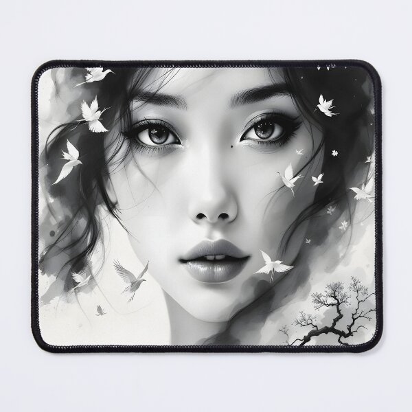 Item preview, Dreamy Black and White Woman Portrait with Flying Birds | Ethereal Ink Wash Art designed and sold by DreamyWallVibes.