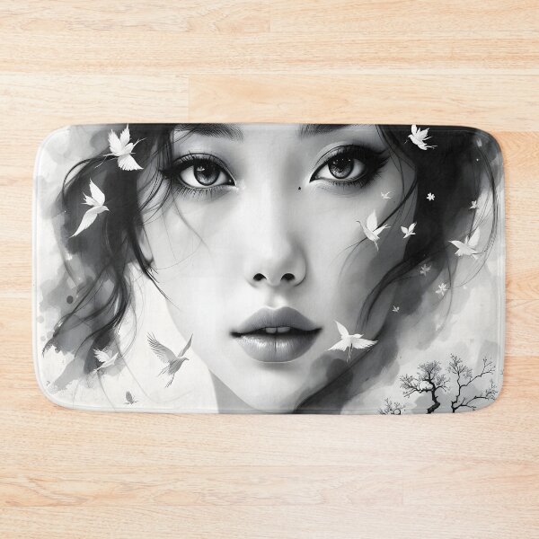 Item preview, Dreamy Black and White Woman Portrait with Flying Birds | Ethereal Ink Wash Art designed and sold by DreamyWallVibes.