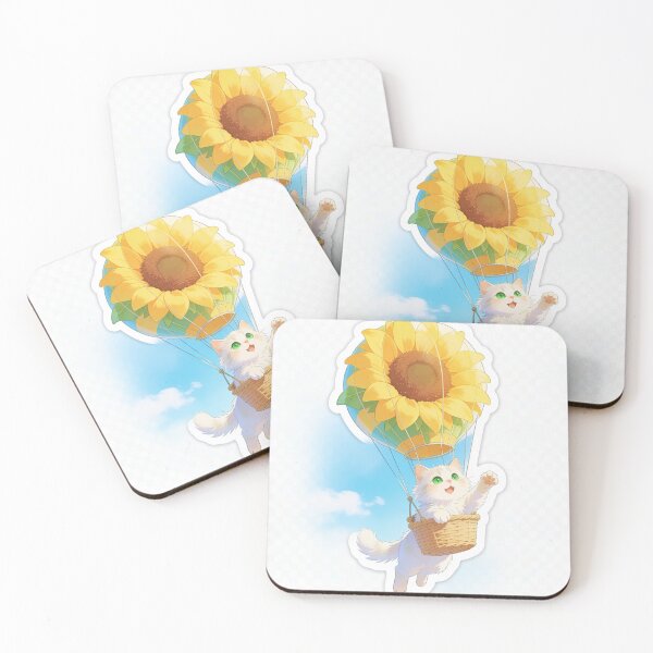 Item preview, White Cat with Green Eyes Flying in a Sunflower Hot Air Balloon designed and sold by OksArtStudio.