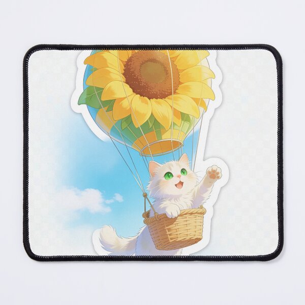 Item preview, White Cat with Green Eyes Flying in a Sunflower Hot Air Balloon designed and sold by OksArtStudio.
