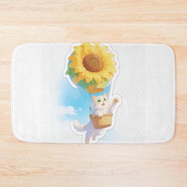 Item preview, White Cat with Green Eyes Flying in a Sunflower Hot Air Balloon designed and sold by OksArtStudio.