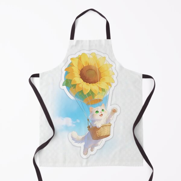 Item preview, White Cat with Green Eyes Flying in a Sunflower Hot Air Balloon designed and sold by OksArtStudio.