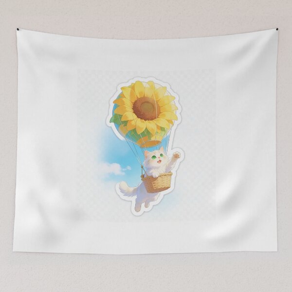 Item preview, White Cat with Green Eyes Flying in a Sunflower Hot Air Balloon designed and sold by OksArtStudio.