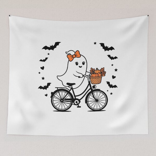 Item preview, Linda niña fantasma de Halloween montando en bicicleta con calabazas Kawaii designed and sold by fawzimorsy.