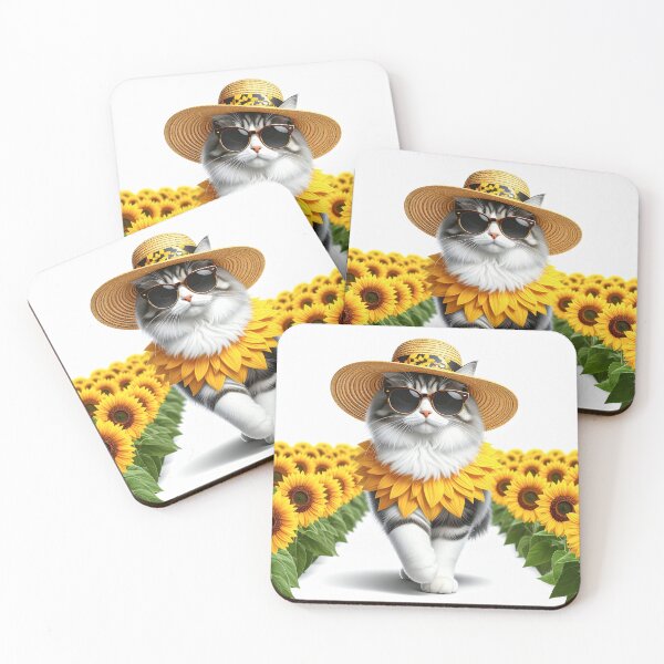 Item preview, Stylish Fluffy Cat in Sunflower Hat Walking Through a Sunflower Field designed and sold by OksArtStudio.