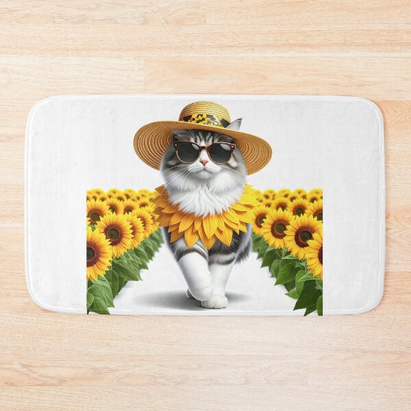 Item preview, Stylish Fluffy Cat in Sunflower Hat Walking Through a Sunflower Field designed and sold by OksArtStudio.