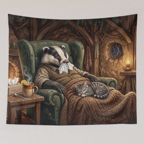 Item preview, Poorly Badger and Cozy Tabby Cat Get Well Soon Art designed and sold by Englandbear.