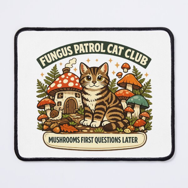 Item preview, Fungus Patrol Cat Club Mushroom Cottagecore Cat Shirt designed and sold by Concrete Coffee Studio.