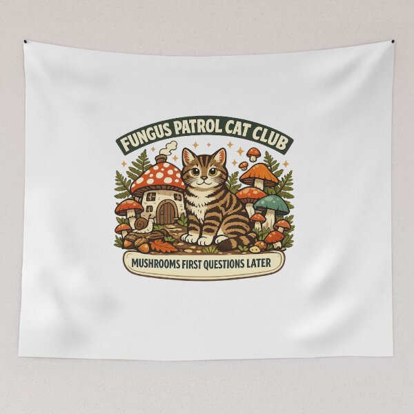Item preview, Fungus Patrol Cat Club Mushroom Cottagecore Cat Shirt designed and sold by Concrete Coffee Studio.