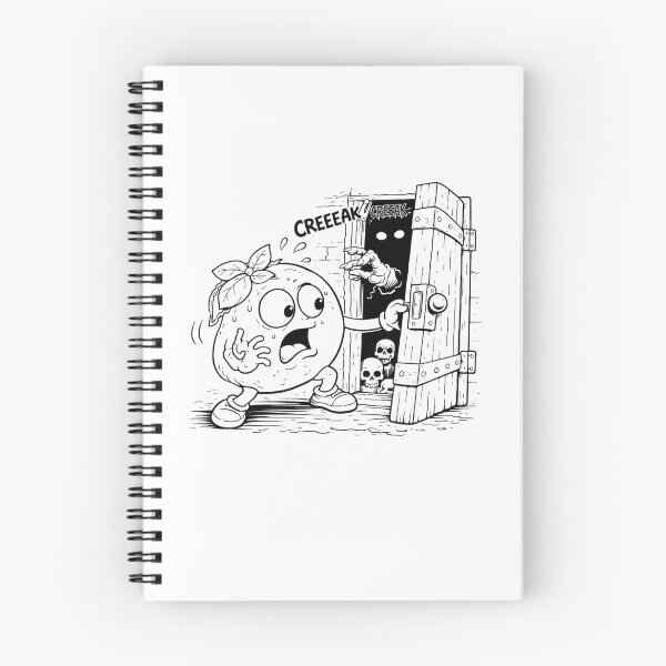 Item preview,  Funny Scared Orange Opens Creepy Door Spooky Fruit Cartoon Black and White  Illustration designed and sold by ComedyInkFactor.