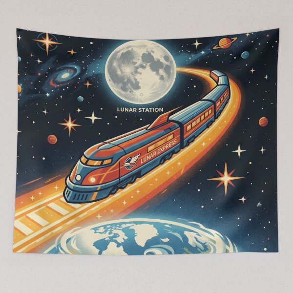 Item preview, Lunar Express Cosmic Highway Space Train Moon Retro Travel Poster Art Print designed and sold by Void and Neon.