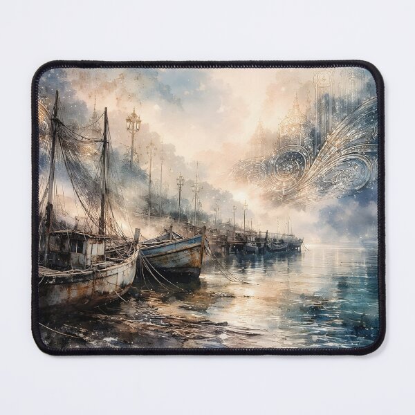 Item preview, Abandoned Harbor Watercolor with Golden Traces designed and sold by sigmaartstudio.