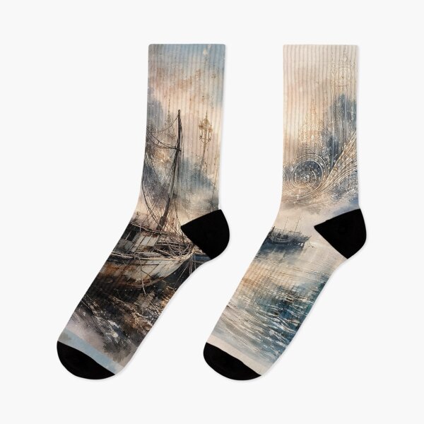 Item preview, Abandoned Harbor Watercolor with Golden Traces designed and sold by sigmaartstudio.