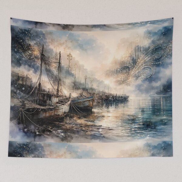 Item preview, Abandoned Harbor Watercolor with Golden Traces designed and sold by sigmaartstudio.