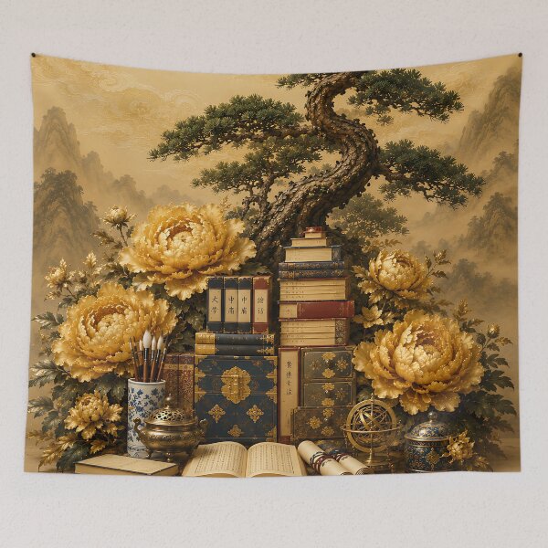 Item preview, Korean Folk Art Golden Peony & Dragon Canvas, Traditional Shaman Dance Wall Art designed and sold by K-Tradition.