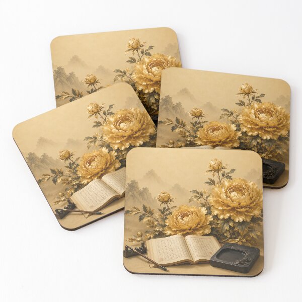 Item preview, Korean Dark Academia Wall Art - Golden Peony, Book and Calligraphy Brush designed and sold by K-Tradition.