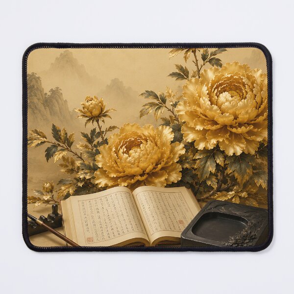 Item preview, Korean Dark Academia Wall Art - Golden Peony, Book and Calligraphy Brush designed and sold by K-Tradition.