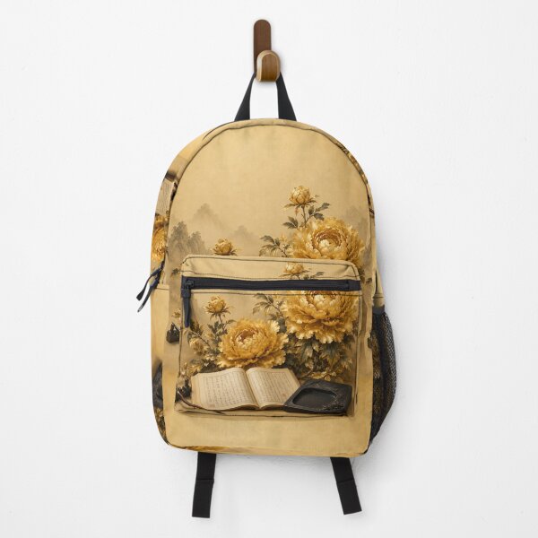 Item preview, Korean Dark Academia Wall Art - Golden Peony, Book and Calligraphy Brush designed and sold by K-Tradition.