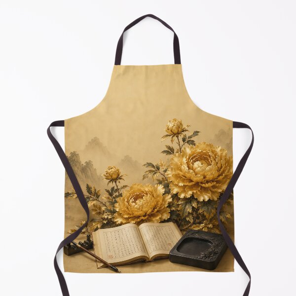 Item preview, Korean Dark Academia Wall Art - Golden Peony, Book and Calligraphy Brush designed and sold by K-Tradition.