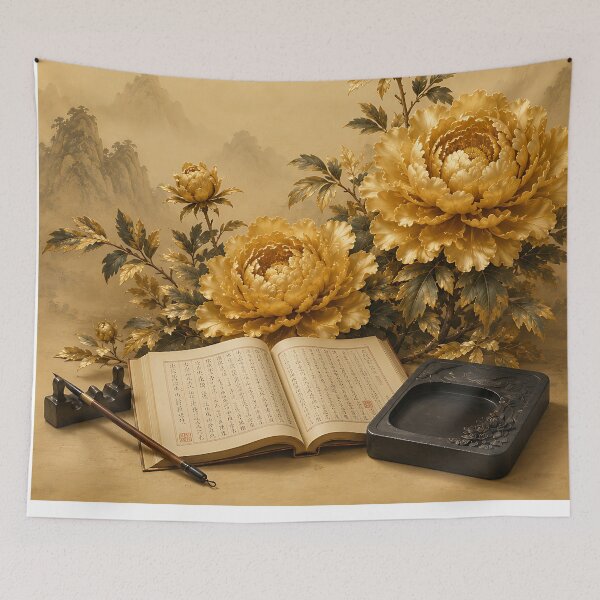Item preview, Korean Dark Academia Wall Art - Golden Peony, Book and Calligraphy Brush designed and sold by K-Tradition.