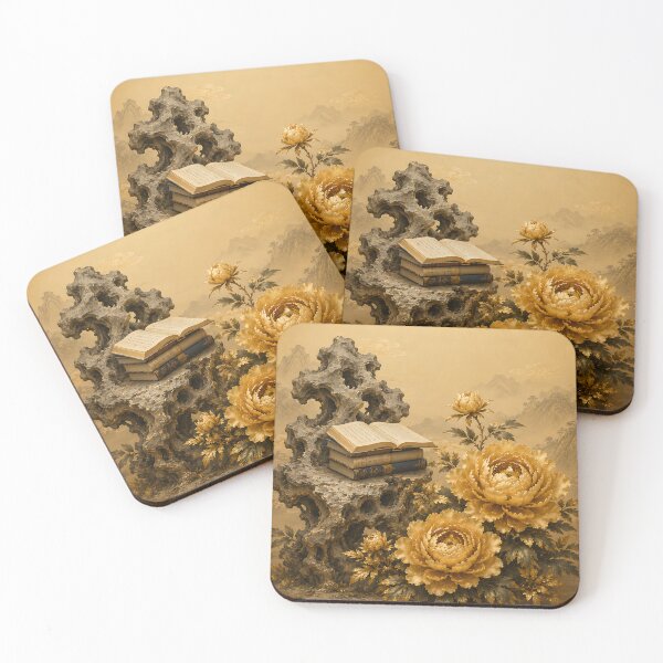 Item preview, Korean Vintage Scholar Rock Wall Art - Golden Peony and Ancient Books designed and sold by K-Tradition.