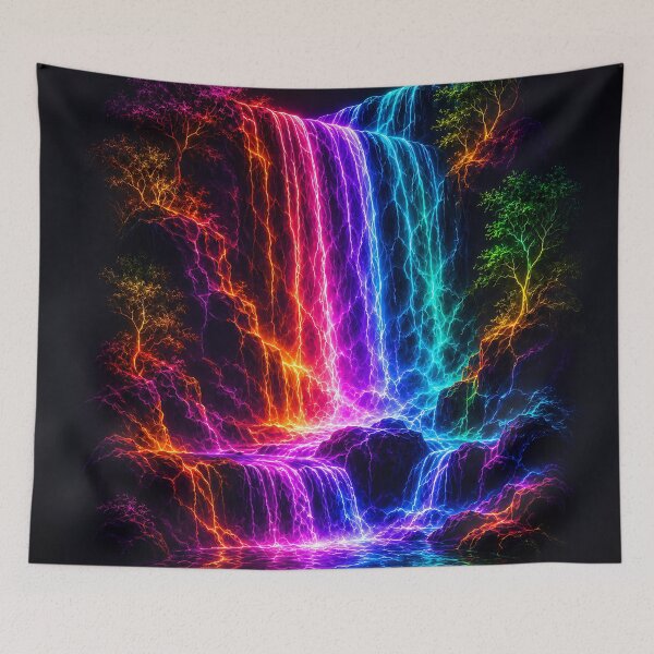 Item preview, Neon Rainbow Waterfall — Glowing Fantasy Landscape designed and sold by Aureva Arts Shop.