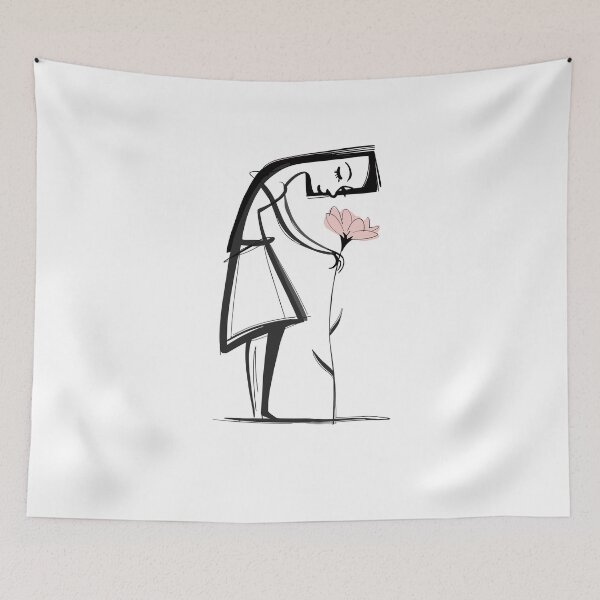 Item preview, Minimalist Sad Girl With Pink Flower Line Drawing Emotional Aesthetic designed and sold by yoddel.