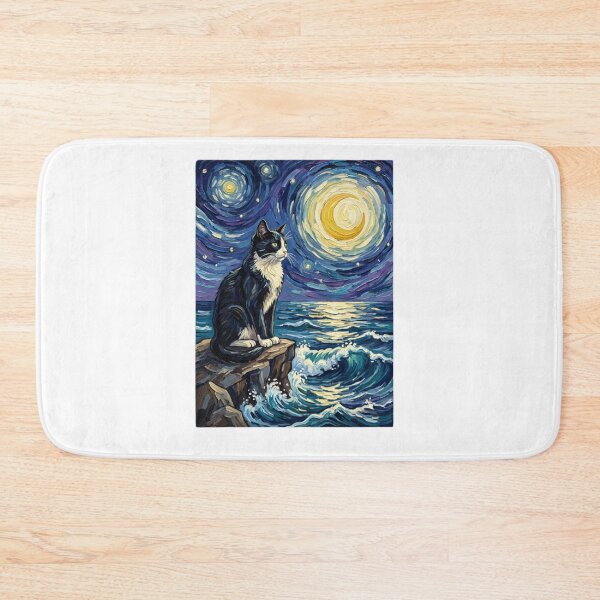 Item preview, Tuxedo Cat Starry Night Ocean Impressionist Art designed and sold by SiarheiYur.