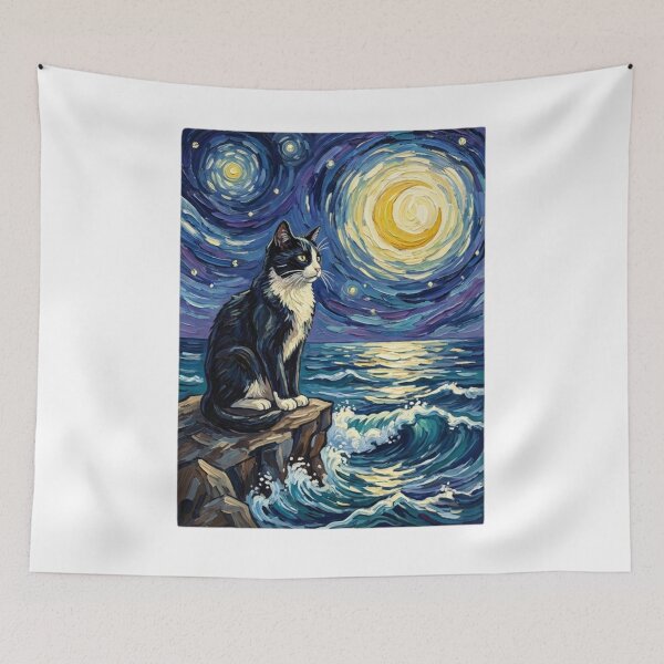 Item preview, Tuxedo Cat Starry Night Ocean Impressionist Art designed and sold by SiarheiYur.