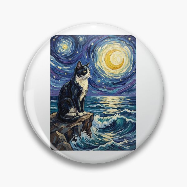 Item preview, Tuxedo Cat Starry Night Ocean Impressionist Art designed and sold by SiarheiYur.
