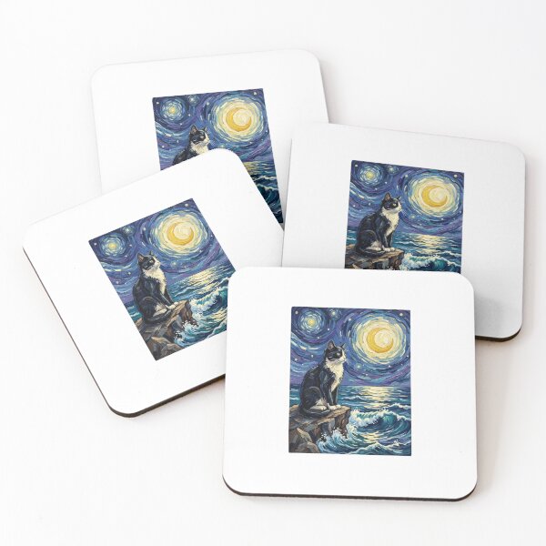 Item preview, Tuxedo Cat Starry Night Ocean Impressionist Art designed and sold by SiarheiYur.