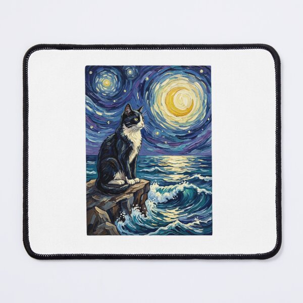 Item preview, Tuxedo Cat Starry Night Ocean Impressionist Art designed and sold by SiarheiYur.