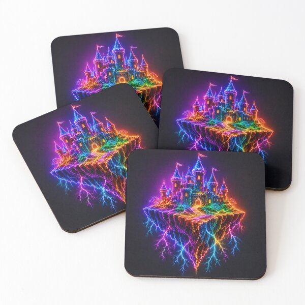 Item preview, Neon Rainbow Castle Floating Island Fantasy Art designed and sold by Aureva Arts Shop.