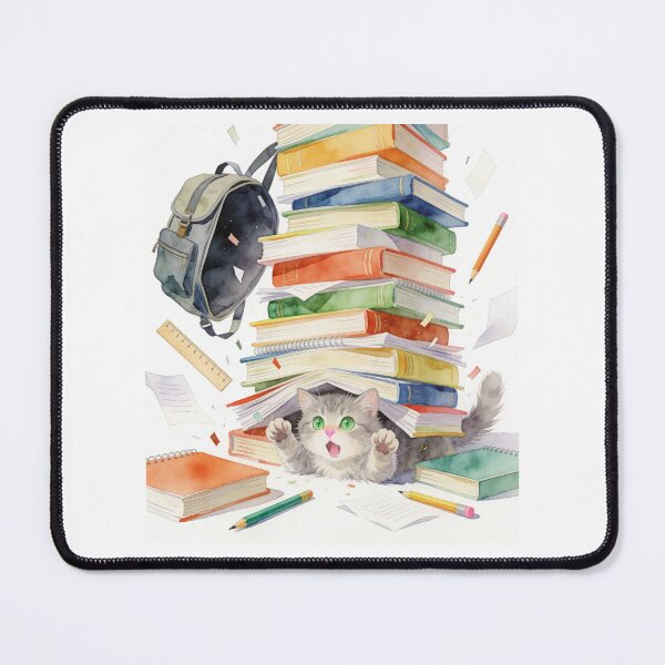 Item preview, Gray Cat with Green Eyes Buried Under a Stack of Large Books designed and sold by OksArtStudio.