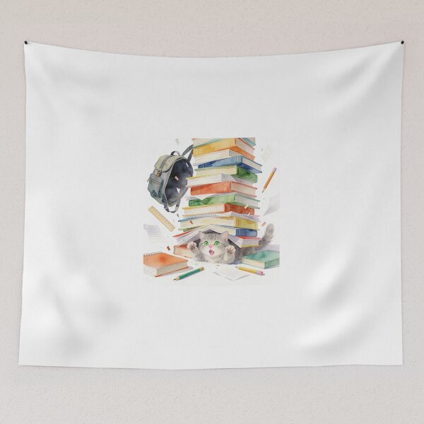 Item preview, Gray Cat with Green Eyes Buried Under a Stack of Large Books designed and sold by OksArtStudio.