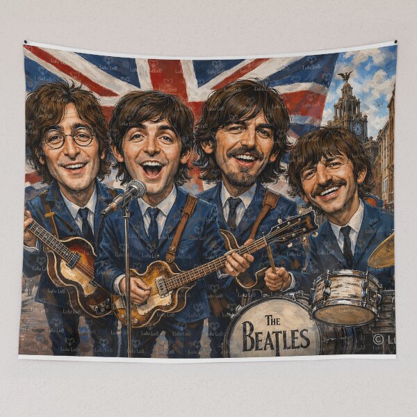 Artikelvorschau, Beatles-Karikatur mit britischer Flagge entworfen und verkauft von LuluLeb.