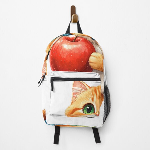 Item preview, Red Cat Going to School with Backpack and Apple designed and sold by OksArtStudio.