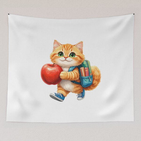 Item preview, Red Cat Going to School with Backpack and Apple designed and sold by OksArtStudio.