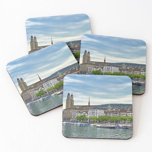 Item preview, Historic Zurich city center with famous Grossmunster churh and boats on the river Limmat designed and sold by goceris.