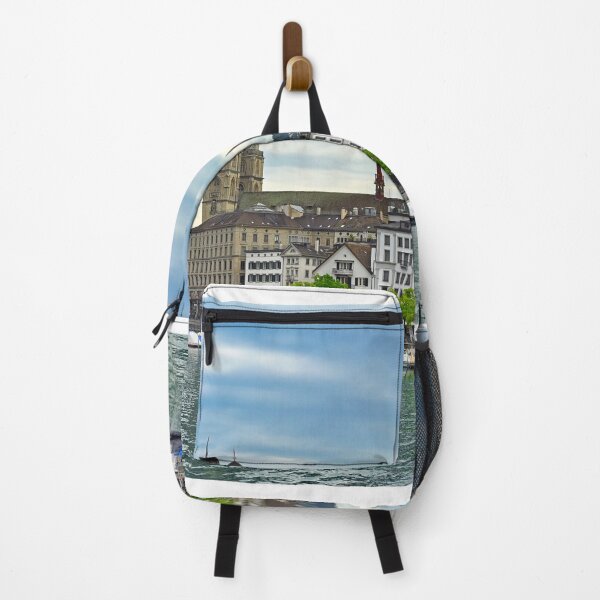 Item preview, Historic Zurich city center with famous Grossmunster churh and boats on the river Limmat designed and sold by goceris.
