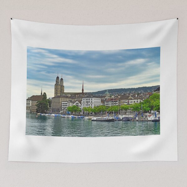 Item preview, Historic Zurich city center with famous Grossmunster churh and boats on the river Limmat designed and sold by goceris.
