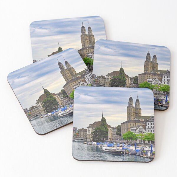 Item preview, Historic Zurich city center with famous Grossmunster churh and boats on the river Limmat, Switzerland designed and sold by goceris.