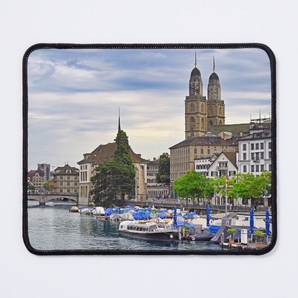 Item preview, Historic Zurich city center with famous Grossmunster churh and boats on the river Limmat, Switzerland designed and sold by goceris.