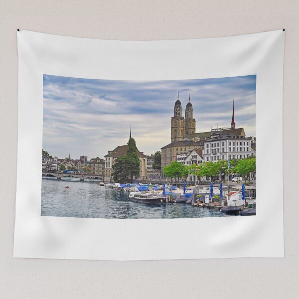 Item preview, Historic Zurich city center with famous Grossmunster churh and boats on the river Limmat, Switzerland designed and sold by goceris.