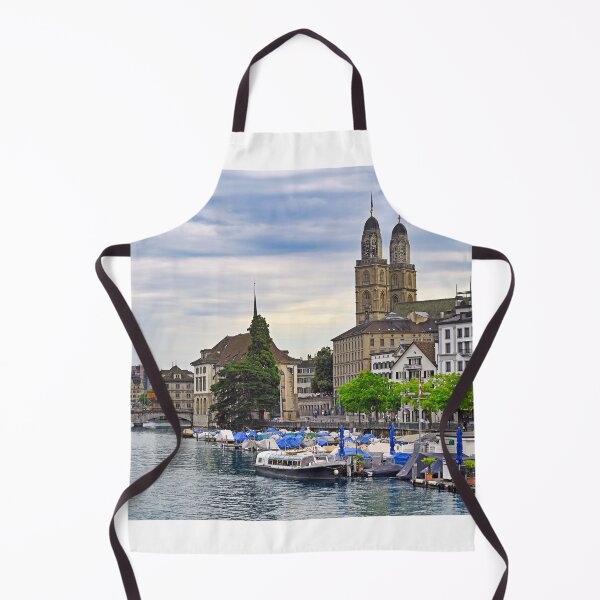 Item preview, Historic Zurich city center with famous Grossmunster churh and boats on the river Limmat, Switzerland designed and sold by goceris.