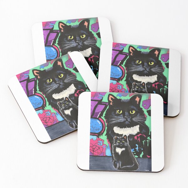 Item preview, Modern Black Fluffy Tuxedo Cat Graffiti Art | Vibrant Urban Cat Painting designed and sold by xRoarAndPawArtx.