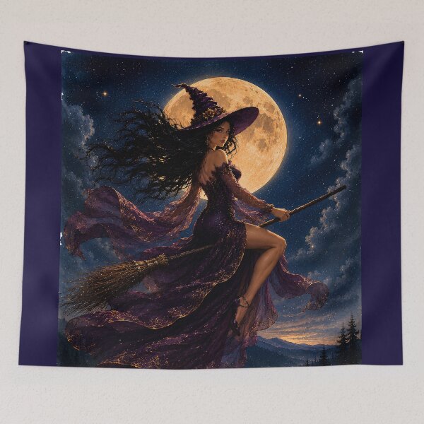 Item preview, Witch Flying on Broomstick Halloween Gothic Purple Watercolor Art designed and sold by MaryFiremoonArt.